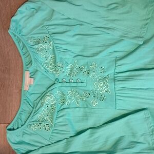 Woman Within NWOT Cotton Blend Embroidered Teal Top With Elbow Sleeves 18/20